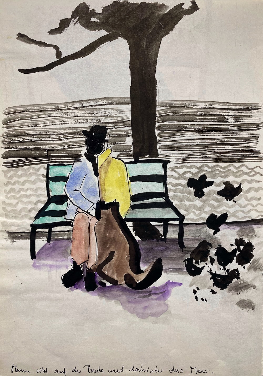 Mann mit Hund auf der Bank von Olga Lunow